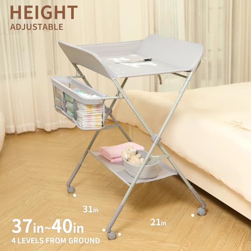 Portable Baby Changing Table with Wheels, 4-Level Height Adjustable Station