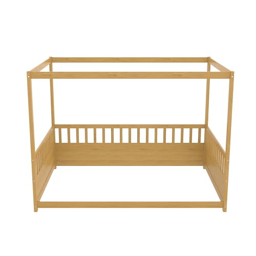 Full Size Montessori House Bed Frame with Canopy and Safety Guardrails