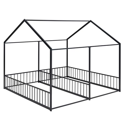 Double Twin House Platform Bed, Metal Floor Bed Frame with Safety Rails