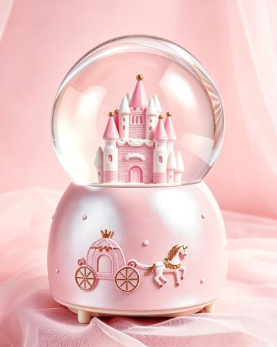 Musical Castle Snow Globe with Automatic Snowfall and LED Lights (Pink)