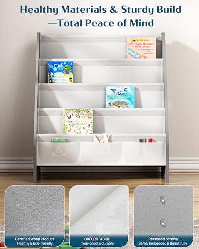 4-Tier Kids Bookshelf with Oxford Fabric Slings, Grey Toddler Book Rack