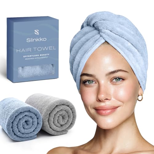 Slinkko Microfiber Hair Towel Wrap Blue & Grey - Quick Dry, Soft & Lightweight