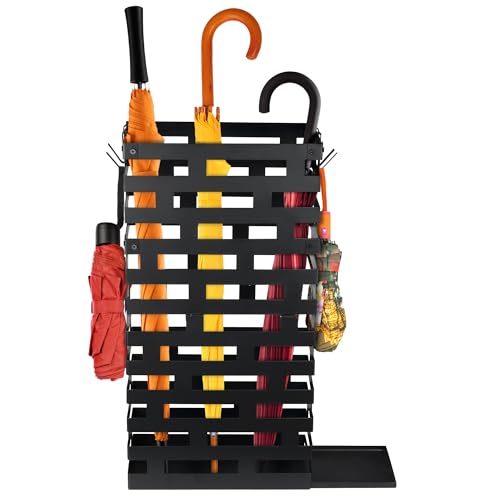 23-Inch Metal Umbrella Stand for Entryway with Drip Tray and Hooks