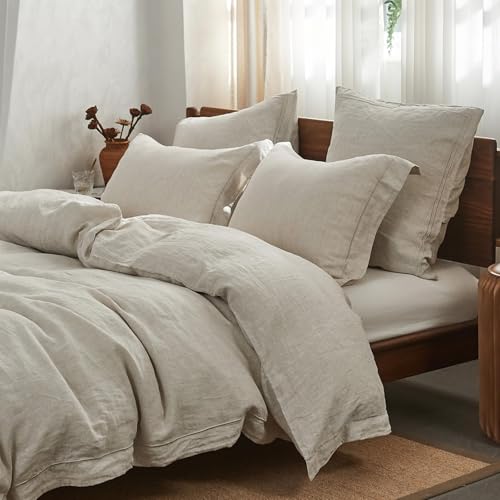 100% French Linen Duvet Cover Set - 3-Piece Embroidered Bedding (King)