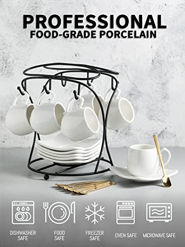LYEOBOH White Espresso Cups with Saucers Set, Metal Stand & Spoons - A-White