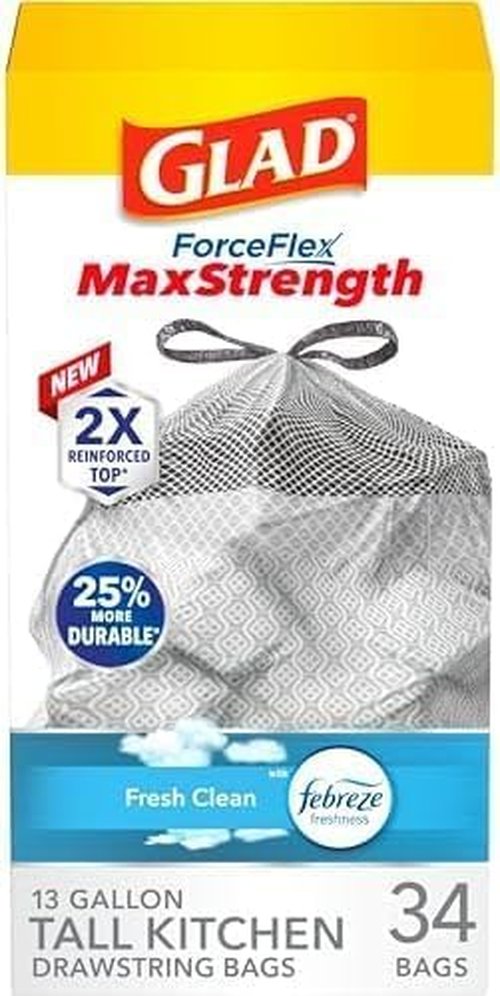 Glad Kitchen Trash Bags, 13 Gallon, Fresh Clean | ForceFlex MaxStrength | Tall Kitchen | 34 Count, Pack of 6