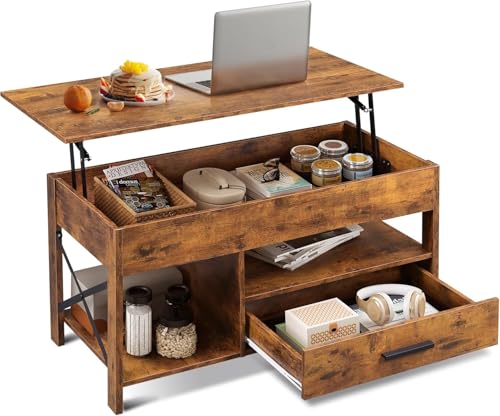 Lift Top Coffee Table with Hidden Storage and Drawer, Modern Farmhouse Wood