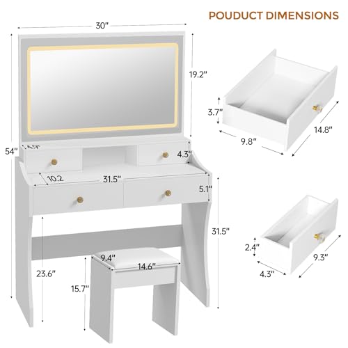 Makeup Vanity Desk with Lighted Mirror, 5 Drawers and Charging Station