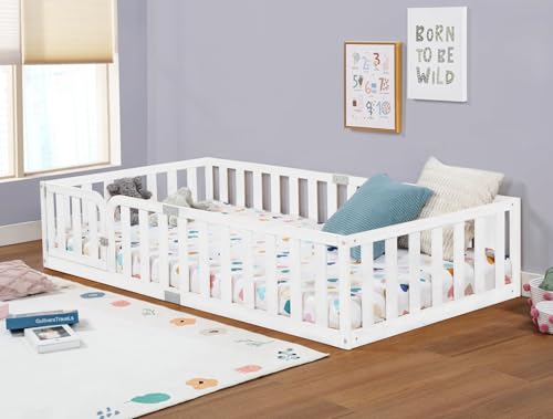 Twin Size Montessori Floor Bed Frame with Fence and Door - Solid Wood