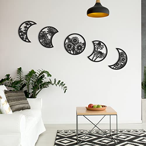 5-Piece Moon Phase Wall Art Set, Wooden Boho Hanging Decor for Bedroom