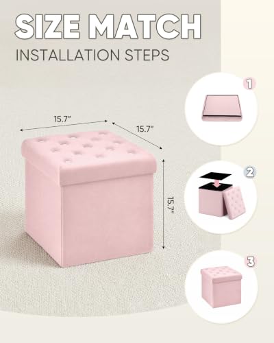 Velvet Tufted Storage Ottoman Cube - Foldable Footstool with Padded Lid