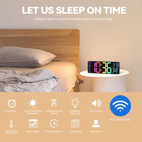YISILE 13-Inch Black Digital Wall Clock with Night Light, RGB Colors, Dual Alarms & Voice Control