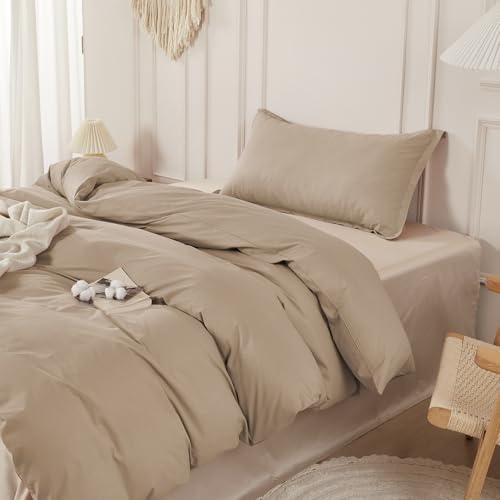 SAPHREAS Twin Size Cotton Duvet Cover Set Khaki 68x90 Linen-Like Comforter Cover with Zipper & Corner Ties