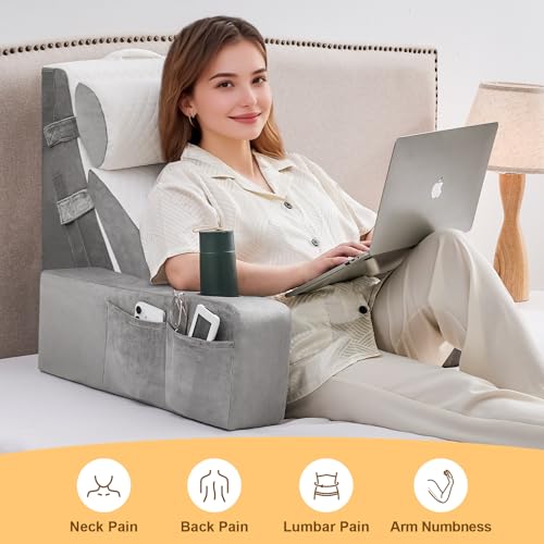 Reading Pillow with Arms and Cup Holder for Back Support