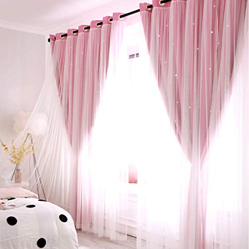 Double Layer Star Cut Out Blackout Curtains, Pink 52 x 63 Inch Panels