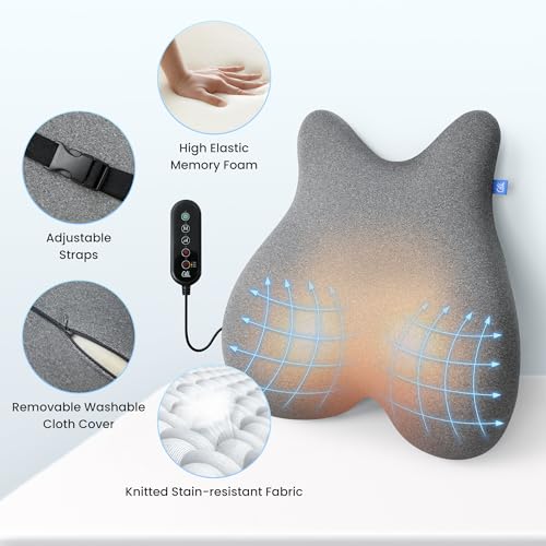 Heated Lumbar Support Pillow with Vibration Massage - Ergonomic Memory Foam Back Cushion for Office Chair