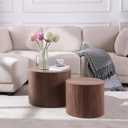 Round Nesting Coffee Table Set of 2, Modern Wood Drum Side Tables