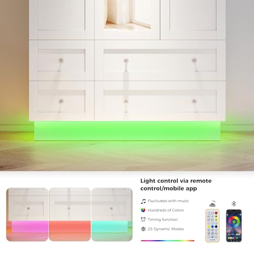 3-Door Bedroom Wardrobe Closet with Mirror, LED Lights and 4 Drawers, White