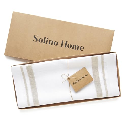 Solino Home 100% Linen Table Runner 14 x 132 in - Natural & White Stripe (Natural & White)