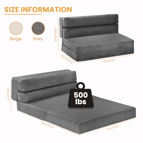 3-in-1 Foldable Full Size Sofa Bed, 5-Inch Memory Foam Floor Couch