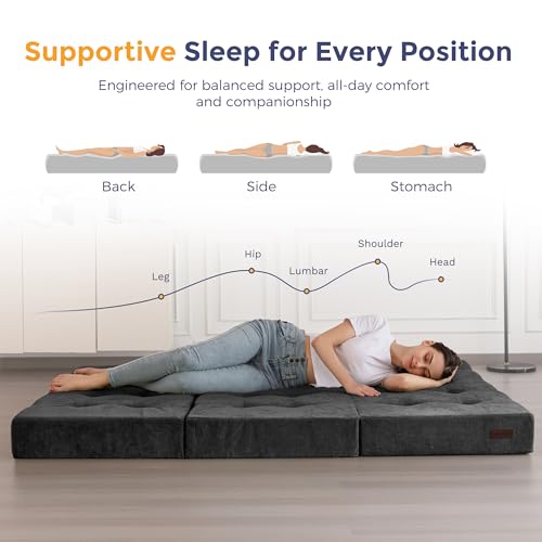 6-Inch Tri-Fold Floor Mattress and Sofa Bed, Full Size Tufted Chenille Couch