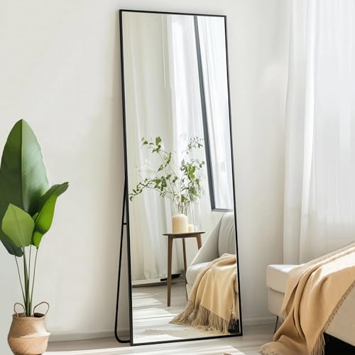 Full Length Floor Mirror 56x16 Inch, Matte Black Aluminum Metal Frame