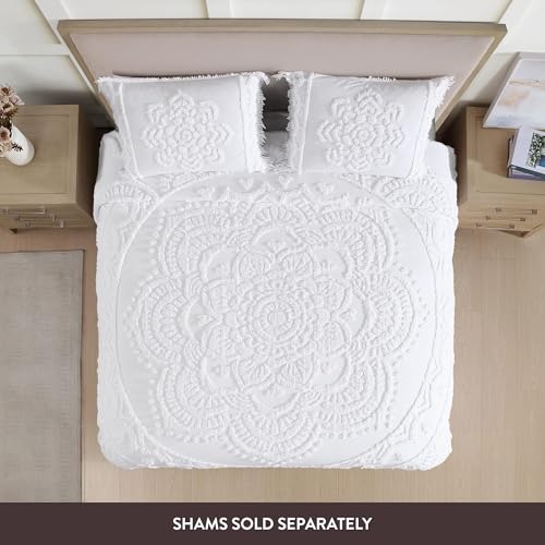 Queen Lotus Medallion Chenille Bedspread - 100% Cotton, White
