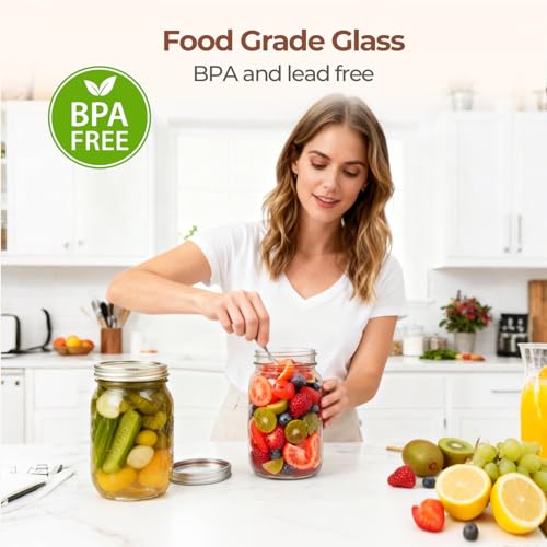 32 oz Wide Mouth Mason Jars with Lids (2 Pack) - 1 Quart Glass Canning Jars