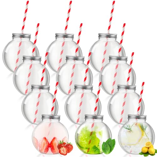 Yaomiao 12 Pcs 10oz Mini Fish Bowl Cups with Lids & Red Straws, Clear 300ml
