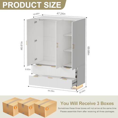 3-Door Wardrobe Closet with Mirror, Drawers, and RGB LED Lighting