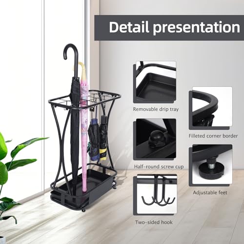 15-Slot Heavy Duty Metal Umbrella Stand with 8 Hooks and Drip Tray