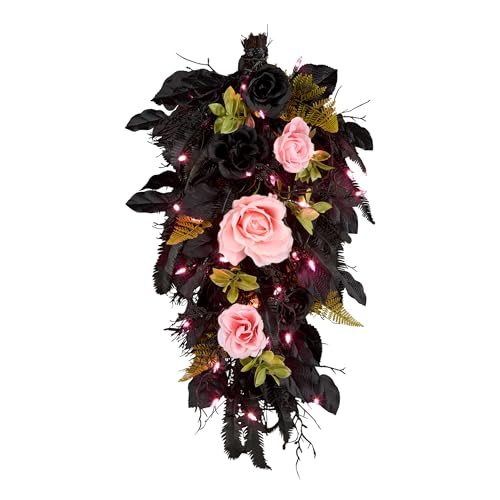 26-Inch Artificial Halloween Teardrop Swag with 30 Pink LED Lights