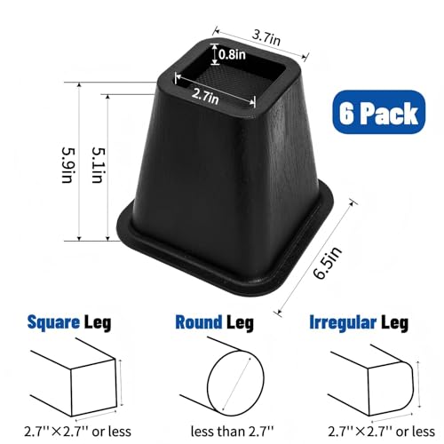6-Inch Heavy Duty Bed & Furniture Risers (6 Pack) - Supports 2200 lbs, Black