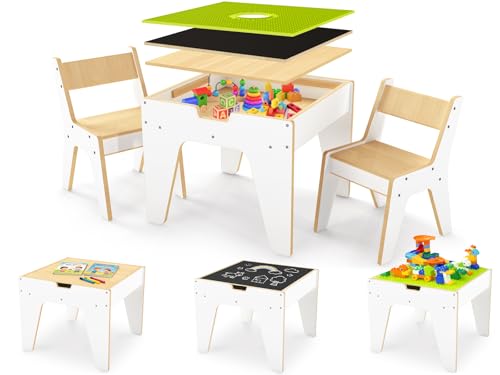4-in-1 Kids Activity Table and 2 Chairs Set with Storage for Sensory Play