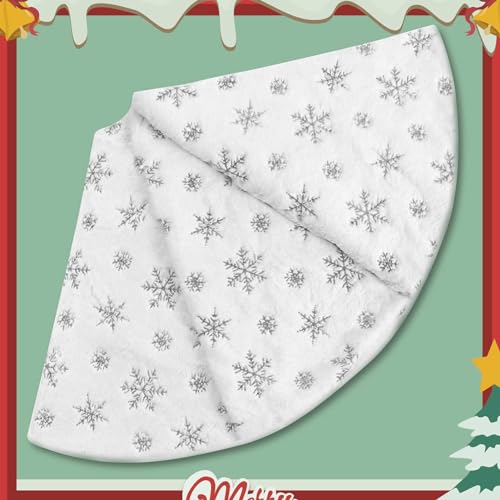 Sayrrame White & Silver 48 Inch Faux Fur Christmas Tree Skirt with Silver Sequin Snowflakes