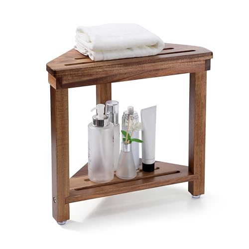 Acacia Wood Corner Shower Stool for Shaving with Storage Shelf, 15-Inch