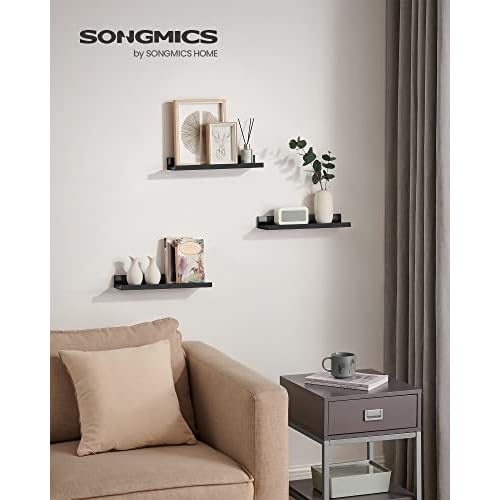 SONGMICS Floating Shelves, Set of 3 Wall Shelves, 15-Inch Wide, for Photo Frames and Trinkets, for Living Room, Home Office, Kitchen, Bathroom, Black ULWS38BK
