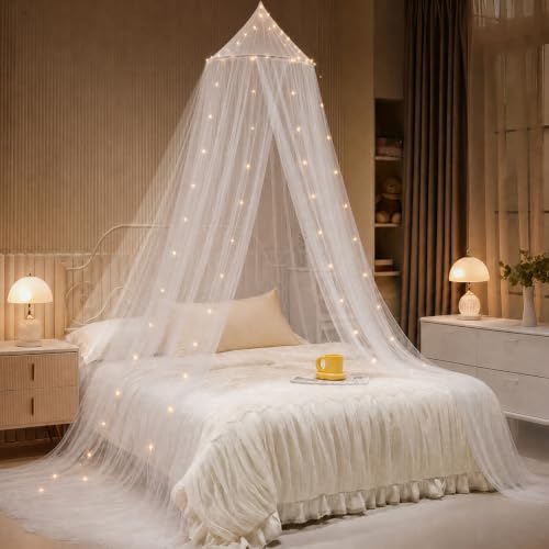 Princess Bed Canopy with LED Fairy Lights & Glow in the Dark Stars - White