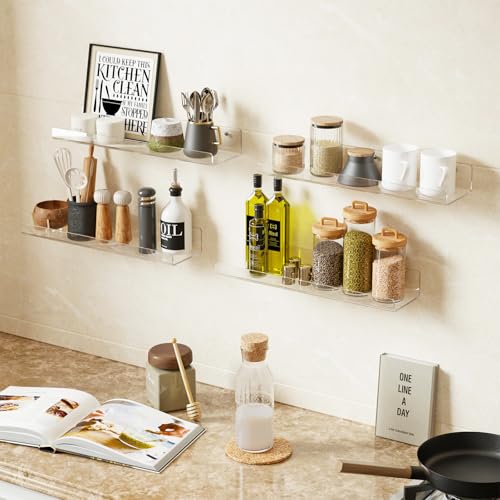 15-Inch Clear Acrylic Floating Wall Shelves - 4 Pack Display Organizer