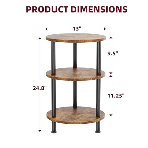 3-Tier Round Side Table, Compact Rustic Accent Table for Small Spaces
