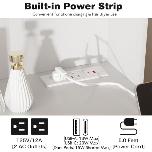 Vanity Desk with Lighted Mirror, 7 Drawers, and Power Outlet - White