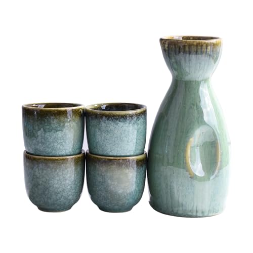 Swlthwen Green Japanese Sake Set of 5 Ceramic Pot & Cups - 300ml with 4 x 50ml Cups