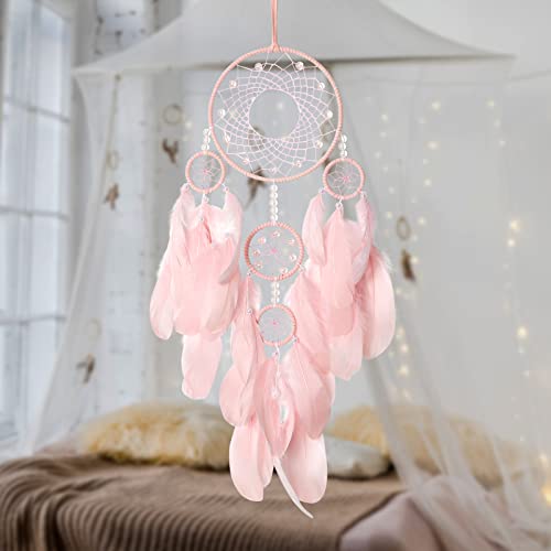 Pink Handmade Dream Catcher Wall Hanging Decor - 23-inch Feather Ornament