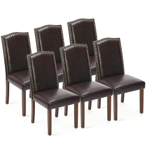 Modern PU Leather Dining Chairs - Set of 6, Brown Upholstered Kitchen Chairs