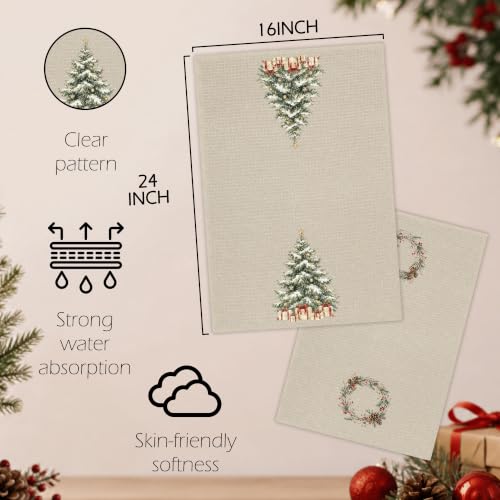 EGBTL Christmas Tree2 Wreath Kitchen Towels 16x24in Set of 2 - Rustic Snowy Holiday Dish Towels
