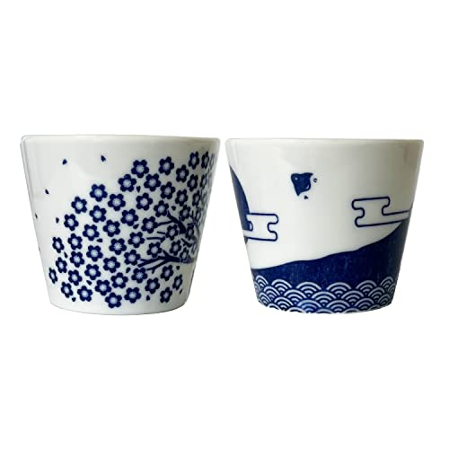 Japanese Sake Cups Set of 2 - Sakura & Mt. Fuji Indigo Pottery, 3.9 fl oz, Cold & Hot Drinkware, Gift Box