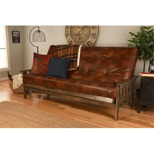 Queen Size Hardwood Futon Sofa and Mattress Set in Saddle Brown