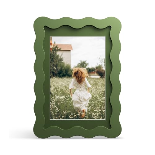 Wavy Edge 4x6 Wooden Picture Frame with Mat - Green Glass Photo Frame