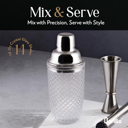 Barillio Silver 14 oz Glass Cocktail Shaker with Built-In Strainer - Leak-Proof Martini Mixer