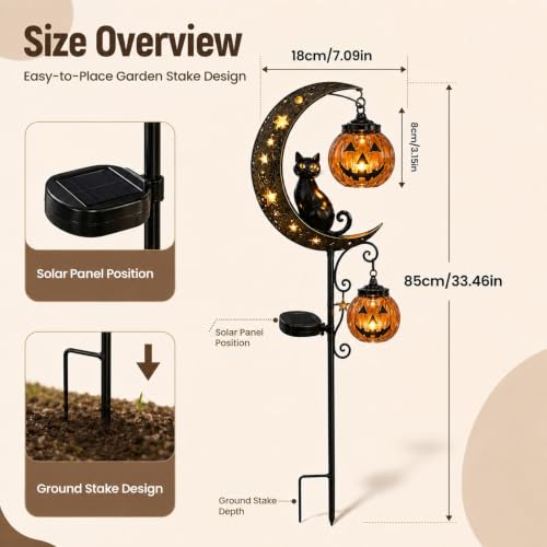 Solar Halloween Black Cat & Pumpkin Moon Stake Light, Outdoor Metal LED Decor